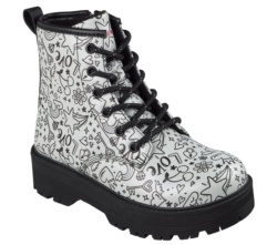 Botas niña Skechers modelo Gravlen hi Doodle Down color plata y negro con estampado Love Designed in Los Angeles botas Skechers para juniors y mamis con plataforma de 3cm delante y 4cm en el tacon cierre de cremallera lateral y cordones muy trending