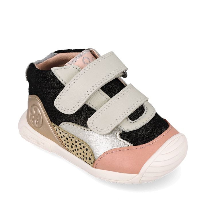 Botin niña Biomecanics urban casual color negro rosa gris plata y leopardo de piel serraje botines respetuosos con el crecimiento natural del pie para gateo y primeros pasos con cierre de doble tira adherente by Biomecanics y avalados por el IBV