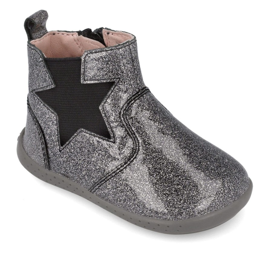 Botines niña Garvalin barefoot en color negro con divertido detalle efecto plastificado con purpurina calzado respetuoso de Garvalin Soft and Fun muy comodos y flexibles con cierre de cremallera lateral