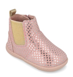 Botines niña Garvalin barefoot en color rosa petalo con estrellas en plata botin tipo chelsea de piel con cierre de cremallera lateral y elastico dorado en otro lateral calzado respetuoso de Garvalin Soft and Fun muy comodos y flexibles by Garvalin