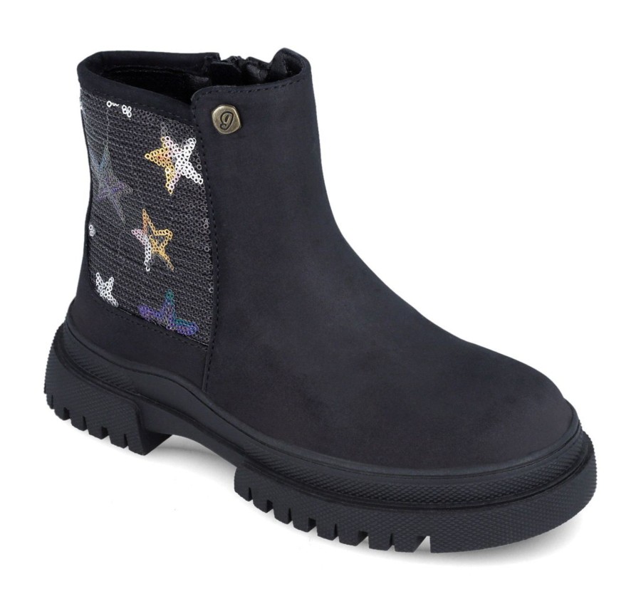 Botines niña Garvalin color negro con estrellas de lentejuelas botas Garvalin tipo Chelsea con cierre de cremallera lateral ideales para este invierno muy trending y combinables