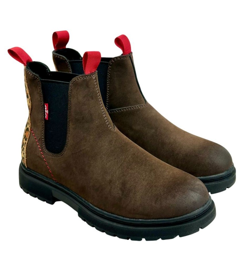 Botines niña Levis modelo Oliver tipo chelsea color marron con tira trasera con estampado de leopardo y dos tiradores en rojo muy comodas botines Levis para junior y mamis muy trending y faciles de combinar ideales para esta temporada
