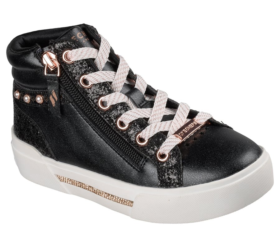 Botines niña Skechers modelo Aura LX color negro glitter con perlas y oro rosa diseñadas en Los Angeles botas Skechers Street para juniors con cierre de cremallera lateral y cordones y sistema easy on off muy trending esta temporada by Skechers