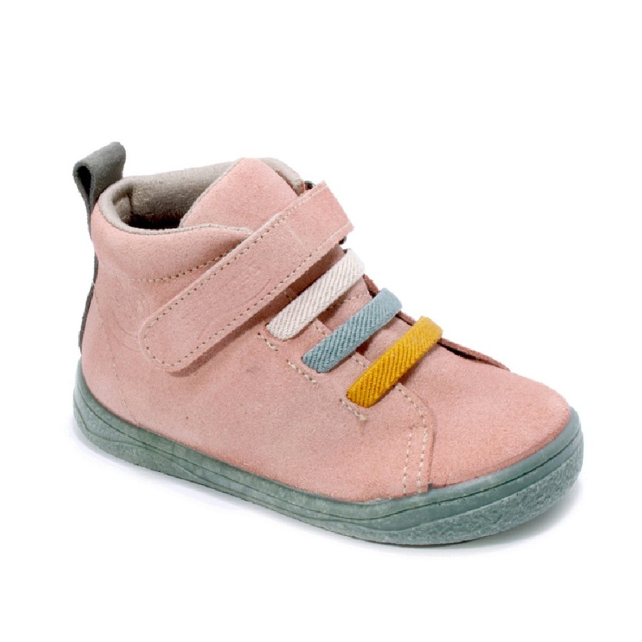 Botines niña Zapy barefoot Genova antique aqua color rosa con suela verde de piel de serraje botitas Zapyflex de calzado respetuoso con cierre de tira adherente y elasticos muy comodas y flexibles made in Spain