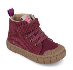 Botines niña barefoot de la marca Garvalin color berengena de pana puntera reforzada y cierre de tira adherente y elasticos calzado respetuoso de Garvalin botitas muy comodas y calentitas con forro interior muy calido made in Spain by Garvalin
