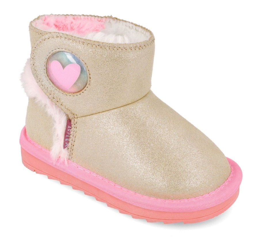 Botines niña de la marca Agatha Ruiz de la Prada color beige laminado rosa con corazon tipo australiana de caña baja forrada de pelo multicolor en su interior australianas Agatha muy comodas y calentitas