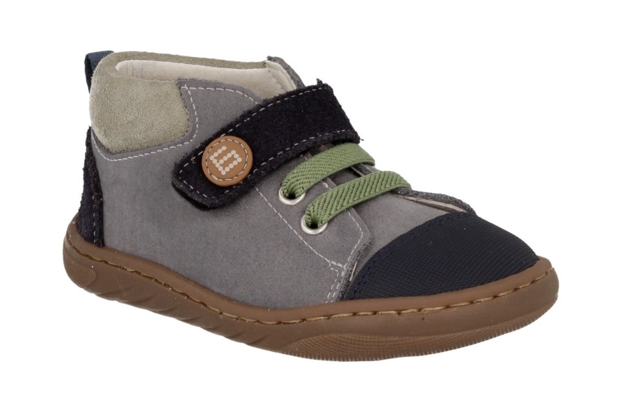 Botines niño Andanines barefoot color gris y azul marino calzado respetuoso de Andanines de piel bourne dijon con cierre de tira adherente y elasticos zapatos Andanines muy comodos y flexibles made in Spain