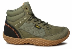 Botines niño Lois barefoot color Kaki con cierre de cremallera lateral y cordones para una facil colocacion de Lois Jeans since 1962 con sistema Baresteps horma barefoot zero drop flexibilidad total y materiales eco friendly by Lois
