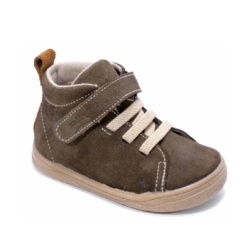 Botines niño Zapy barefoot modelo Bolonia color chocolate y cuero fabricadas en piel botitas Zapyflex de calzado respetuoso natural steps con cierre de tira adherente y elasticos muy comodas y flexibles made in Spain