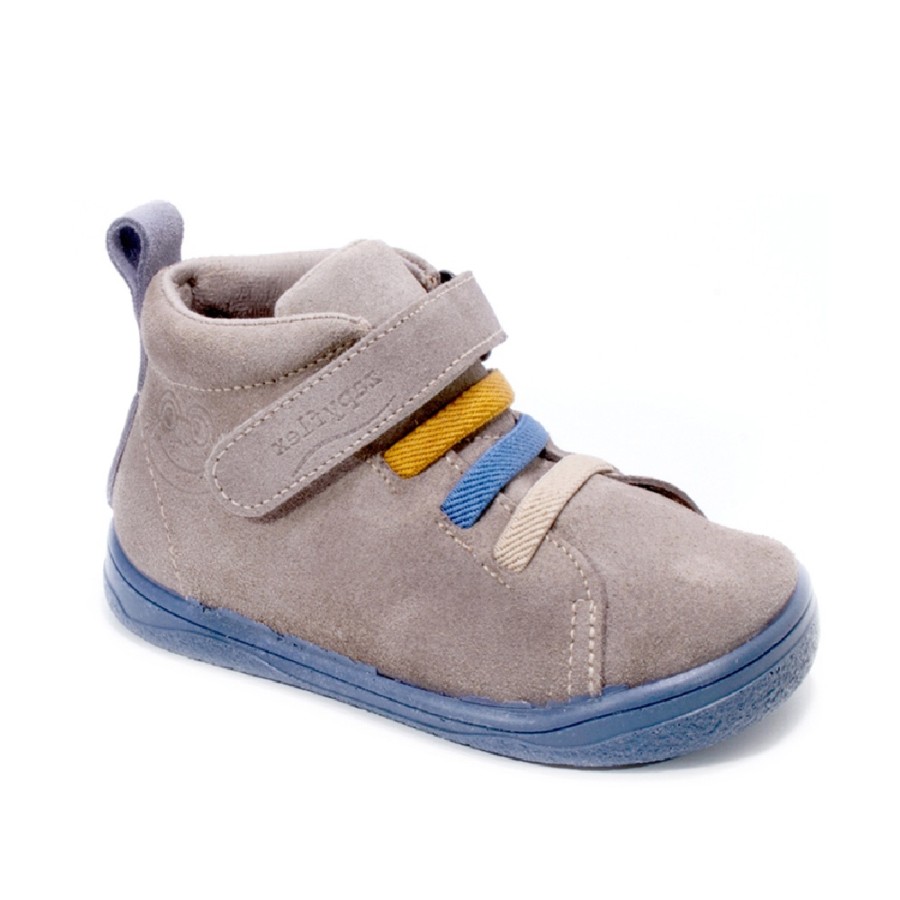 Botines niño Zapy barefoot modelo Genova color piedra glace y suela azul de serraje botin Zapy de calzado respetuoso gama zapyflex con cierre de tira adherente y elasticos azul piedra y mostaza muy comodas y flexivles made in Spain