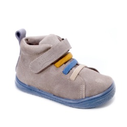 Botines niño Zapy barefoot modelo Genova color piedra glace y suela azul de serraje botin Zapy de calzado respetuoso gama zapyflex con cierre de tira adherente y elasticos azul piedra y mostaza muy comodas y flexivles made in Spain