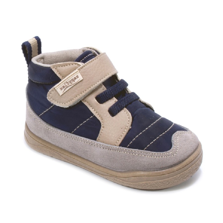 Botines niño Zapy barefoot modelo Lecce color marron piedra y azul marino botitas unisex gama Zapyflex de calzado respetuoso natural steps con cierre de tira adherente y elasticos muy comodas y flexibles made in Spain