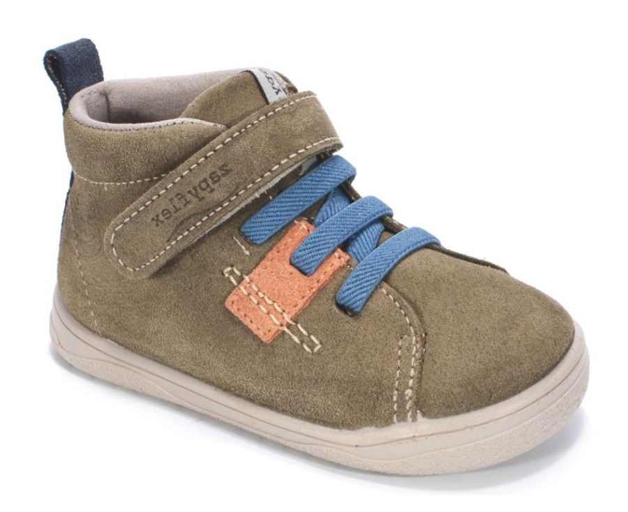 Botines niño Zapy barefoot modelo Lucca color verde musgo naranja y azul jeans botitas Zapyflex de calzado respetuoso natural steps con cierre de tira adherente y elasticos muy comodas y flexibles made in Spain by Zapy