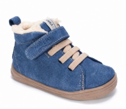 Botines niño Zapy barefoot modelo Siena color azul jeans fabricadas en piel serraje con borreguito en el borde botitas gama Zapyflex de calzado respetuoso natural steps con cierre de tira adherente y elasticos muy comodas y flexibles made in Spain
