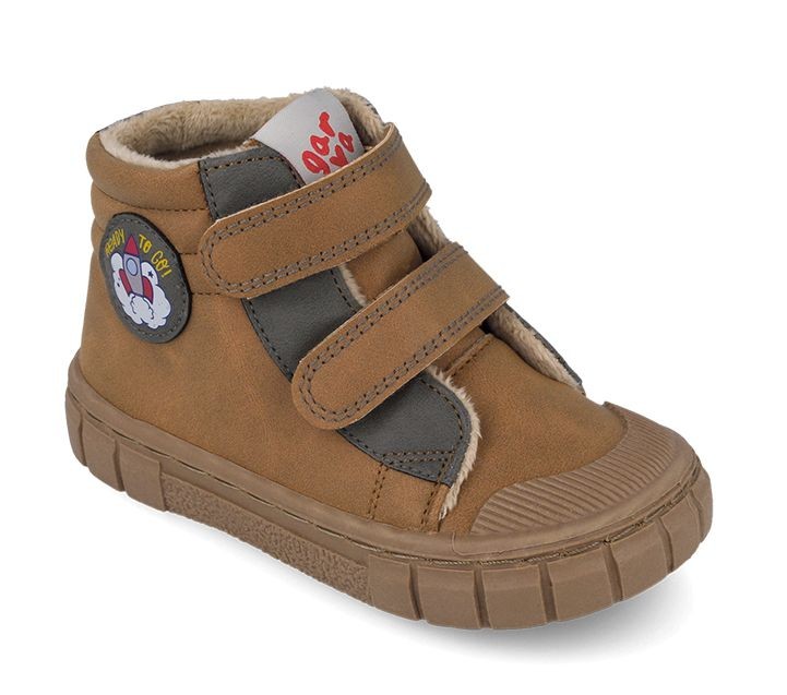 Botines niño barefoot de la marca Garvalin color marron cuero con cohete en el lateral puntera reforzada y cierre de doble tira adherente calzado respetuoso de Garvalin botitas muy comodas y calentitas con forro interior muy calido made in Spain