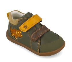 Botines niño barefoot de la marca Garvalin color verde militar y mostaza con dinosaurio en lateral de piel sauvage puntera reforzada y cierre de doble tira adherente calzado respetuoso de Garvalin zapato muy comodo y flexible made in Spain