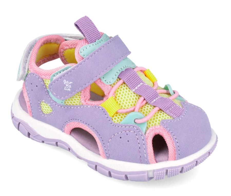Cangrejeras niña Garvalin color lila amarillo y aqua para trekking playa pisina o cualquier uso sandalias muy comodas con cierre de doble tira adherente y elasticos para un perfecto ajuste con la calidad de Garvalin muy trending