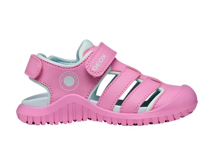 Cangrejeras niña Geox J S Fusbetto color rosa y aqua sandalias mojables water friendly para playa piscina y cualquier uso de la marca Geox respira muy comodas y ligeras con cierre de doble tira adherente para un perfecto ajuste