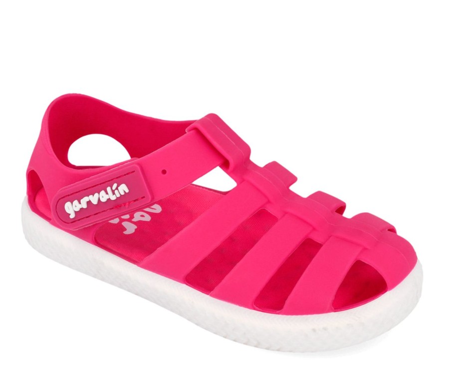 Cangrejeras niña barefoot de la marca Garvalin modelo Jellys color fucsia sandalias respetuosas de Garvalin para playa o piscina con cierre de tira adherente ideales para este verano muy comodas y flexibles