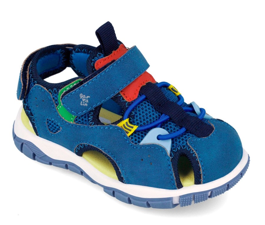 Cangrejeras niño Garvalin color azul jeans rojo amarillo para trekking playa pisina o cualquier uso sandalias muy comodas con cierre de doble tira adherente y elasticos para un perfecto ajuste con la calidad de Garvalin muy trending