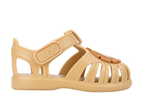 Cangrejeras niño de la marca Igor modelo Tobby Leon color amarillo dijon sandalias Igor con cierre de tira adherente made in Spain muy comodas para playa y piscina muy divertidas e ideales para este verano