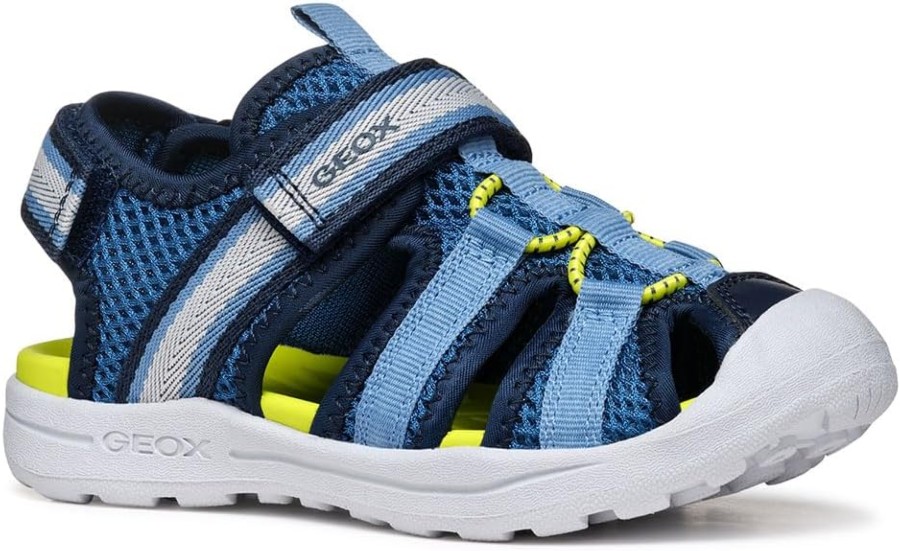 Sandalias niño Geox modelo J Vaniett Mesh Geobuck color azul navy y lima cangrejeras de la marca Geox respira para todo uso montaña playa piscina de la marca Geox respira muy comodas con cierre de doble tira adherente y elasticos