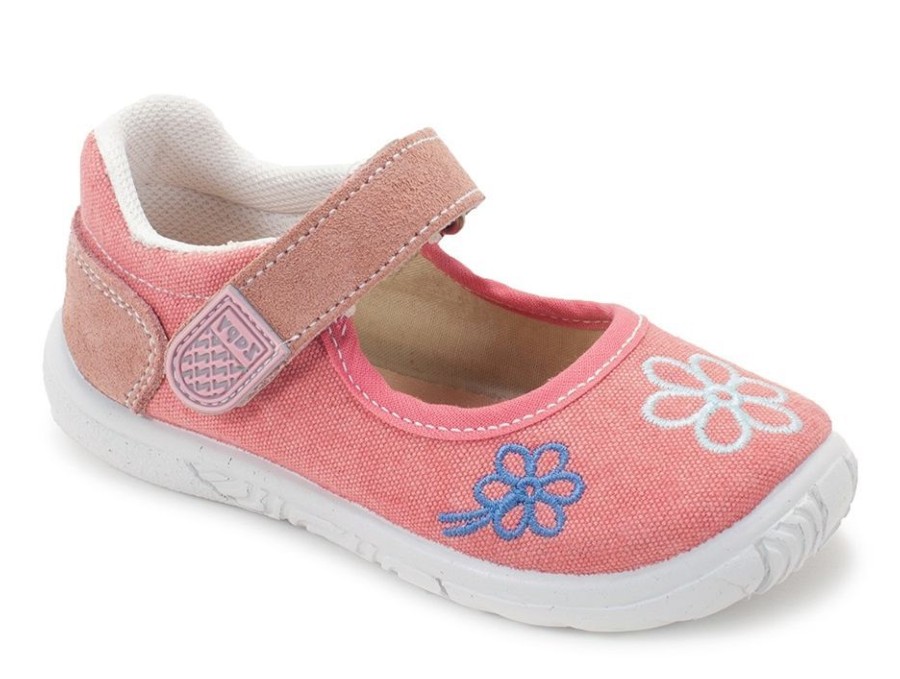 Merceditas niña Zapy color coral con bordado de flores bailarinas de la marca Zapy con plantilla de piel extraible y cierre de velcro fabricadas en España muy cómodas