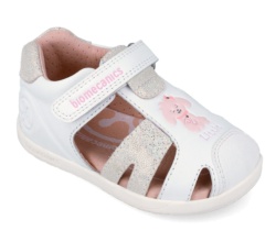 Sandalias niña Biomecanics barefoot color blanc0 y brillo con perrita little princess cangrejeras Biomecanics fabricadas en piel cierre de tira adherente y puntera reforzada calzado respetuoso de Biomecanics muy comodo y flexible avalado por el IBV