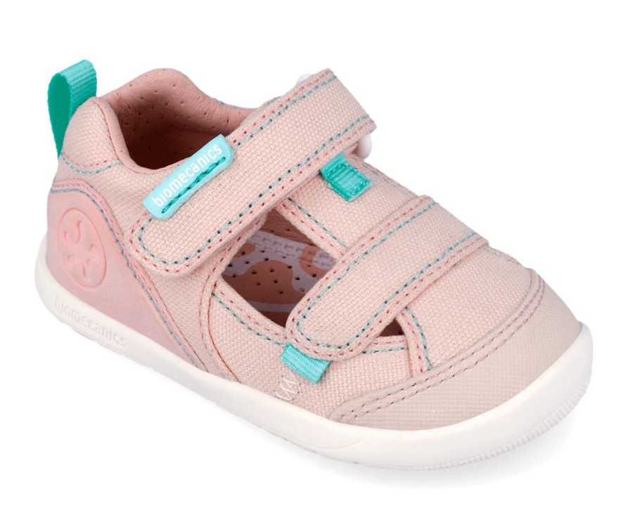 Sandalias niña Biomecanics barefoot color rosa y turquesa pique sandalias de loneta abierta cangrejeras Biomecanics con cierre de tira adherente calzado respetuoso muy comodo y flexible con puntera reforzada y plantilla extraible