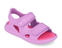 Sandalias niña Biomecanics color lila y rosa chicle muy ligeras flexibles con cierre de doble tira adherente para un ajuste perfecto sandalias Biomecanics tipo californianas para mojar en playa o piscina ideales este verano