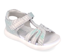 Sandalias niña Biomecanics color prisma plata escamas de serraje laminado en piel sandalias muy comodas con cierre de tira adherente de la gama bioevolution perfectas para combinar con cualquir look veraniego avaladas por el IBV