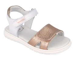 Sandalias niña Garvalin en piel napa color blanc0 y cobre con cierre de doble tira adherente para un perfecto ajuste sandalias pala de Garvalin muy comodas elegantes y trending ideales para este verano