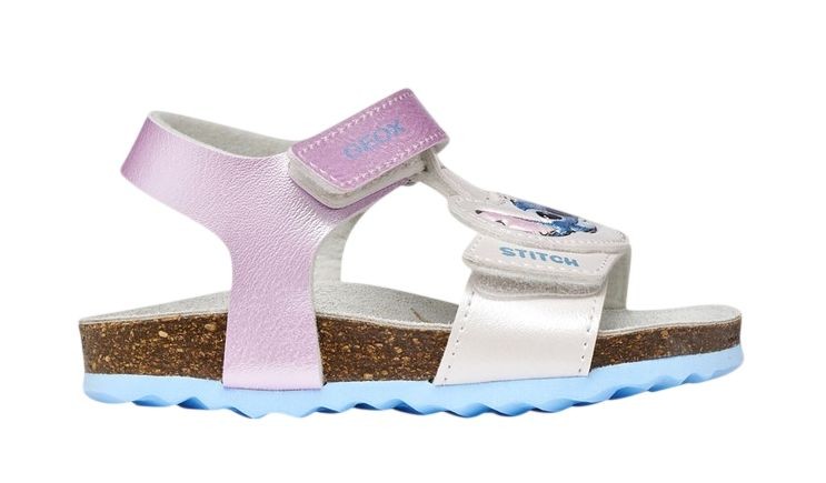 Sandalias niña Geox Lilo&Stitch de la factoria Disneys Sandalias con suela bios de Geox respira con cierre de doble tira adherente color blanc0 silver rosa y azul a las peques les encantara sentirse como en la peli de Lilo & Stitch