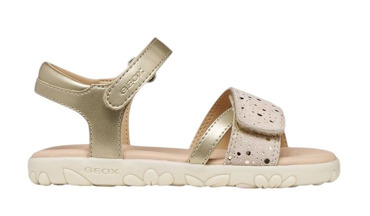 Sandalias niña Geox respira modelo Haiti color oro de piel con cierre de doble tira alherente sandalias de la marca Geox con plantilla de piel y tecnologia Geox respira muy comodas elegantes y fresquitas para vestir este verano
