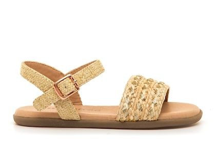 Sandalias niña Mustang barefoot color raffia braid champagne de rafia champagne y oro sandalias abiertas de calzado respetuoso muy comodas y flexibles con cierre de hebilla fabricadas por Mustang free con certificado vegano by Mustang