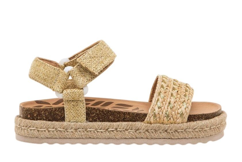Sandalias niña Mustang de color raffia braid champagne rafia y oro con adorno de yute en la suela bio y con cierre de tira adherente para un perfecto ajuste muy comodas y tendencia este verano con certificado vegano by mustang