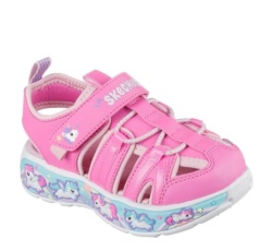 Sandalias niña Skechers modelo Cute Crew color rosa fucsia con unicornios cangrejeras de la marca Skechers muy ligeras con cierre de tira adherente y elasticos super divertidas lavables en lavadora y con sistema easy on off designed in Los Angeles