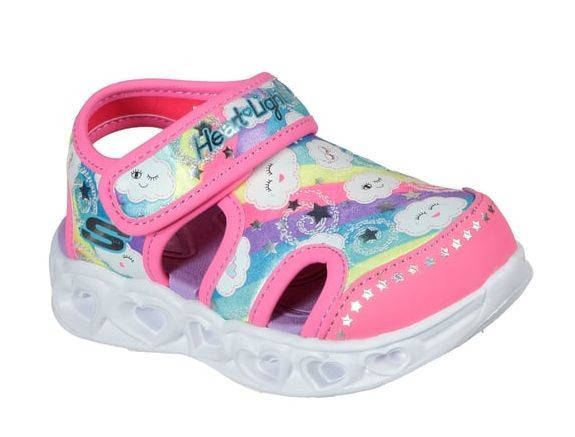 Sandalias niña Skechers modelo Cutie Clouds heart lights con luces en los corazones de la suela color rosa y multicolor con etampado de arco iris y nubes cangrejeras Skechers con cierre de tira adherente