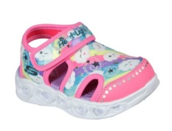 Sandalias niña Skechers modelo Cutie Clouds heart lights con luces en los corazones de la suela color rosa y multicolor con etampado de arco iris y nubes cangrejeras Skechers con cierre de tira adherente