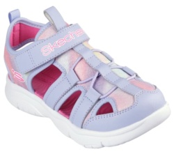 Sandalias niña Skechers modelo Daylight Shimmer color lavanda rosa y multicolor combinación unica por sandalia cangrejeras Skechers con cierre de tira adherente y elasticos muy comodas para playa piscina o diario y lavables en lavadora