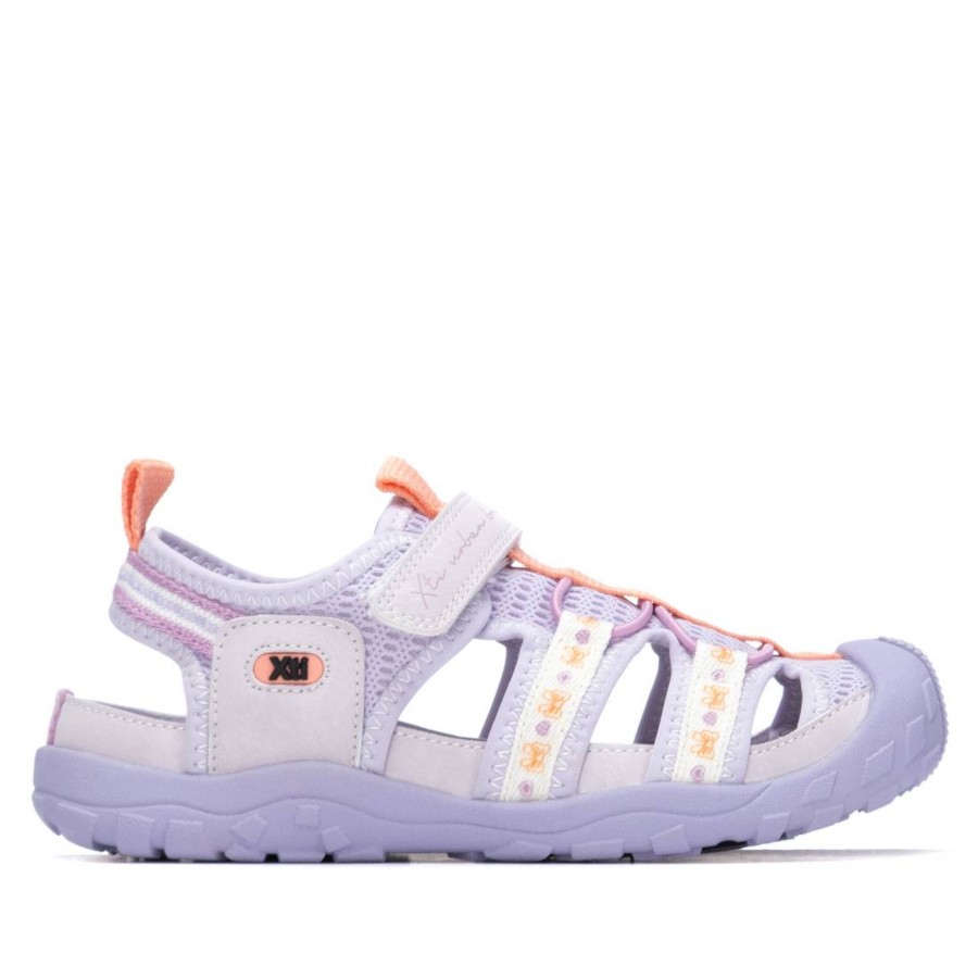 Sandalias niña Xti color lila y naranja cangrejeras de la marca Xti Urban Brand para trekking playa o piscina con certificado vegano muy cómodas con cierre de tira adherente y elasticos y tecnologia comfort tech y memory foam pro
