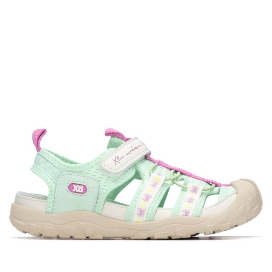 Sandalias niña Xti color verde aqua y lila cangrejeras de la marca Xti Urban Brand para trekking playa o piscina con certificado vegano muy cómodas con cierre de tira adherente y elasticos y tecnologia comfort tech y memory foam pro