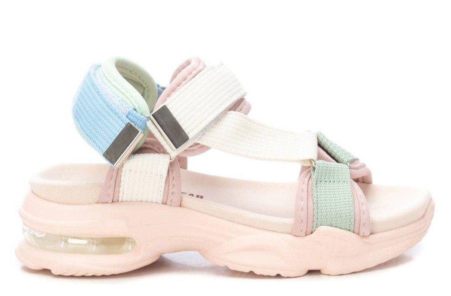 Sandalias niña Xti the urban brand textil de color beig rosa y aguamarina muy ligeras con cierre de doble velcro para un perfecto ajuste comfort tech con memory foam pro vegan aproved