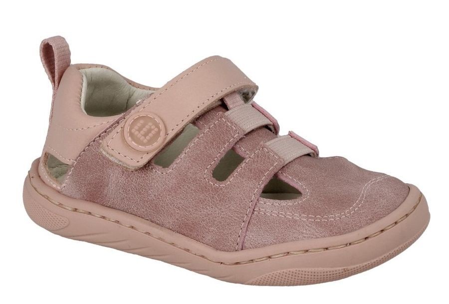 Sandalias niña barefoot de la marca Andanines Pontiac Pale color rosa cangrejeras de piel fabricadas en España calzado respetuoso con cierre de tira adherente y elasticos muy comodas y flexibles