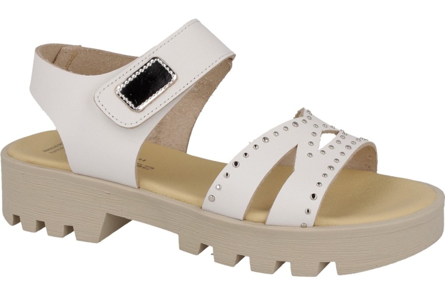 Sandalias niña de la marca Andanines color blanc0 con adorno espejo con cierre de tira adherente muy cómodas y con un poco de plataforma sandalias Andanines fabricadas en piel vaquetilla tendencia este verano y made in Spain