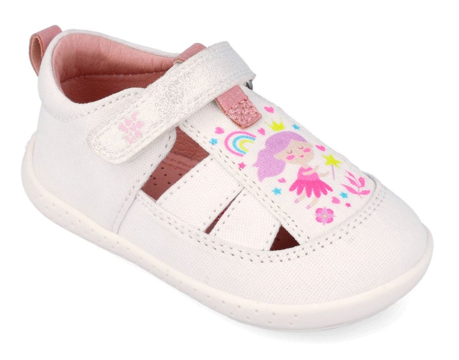 Sandalias niña de lona Garvalin barefoot color blanco con estampado de hadas y corazones zapatillas casual de lona de calzado respetuoso de Garvalin con cierre de tira adherente cangrejeras Garvalin muy comodas y flexibles ideales este verano