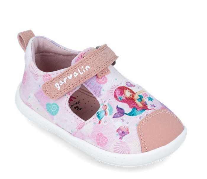 Sandalias niña de lona Garvalin barefoot rosa con estampado de