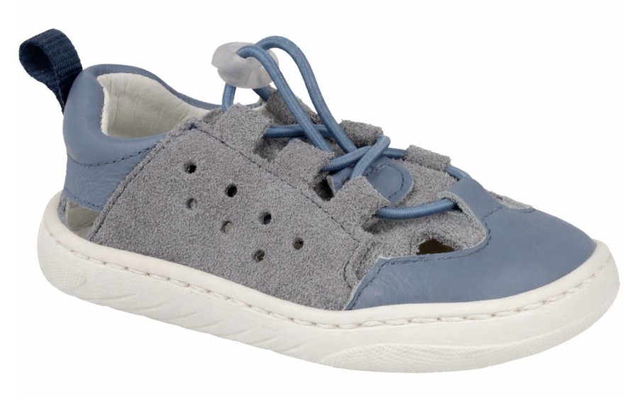 Sandalias niño Andanines barefoot de piel mousse dijon color azul jeans y niquel cangrejeras muy comodas calzado respetuoso de Andanines con cierre de tira elastica deportivo abierto muy comodos y flexibles by Anadanines made in Spain