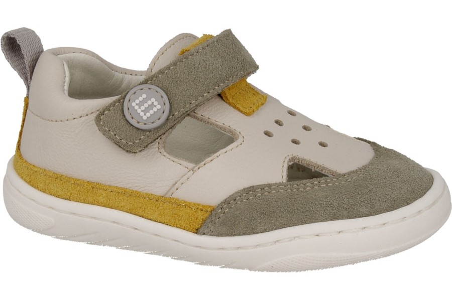 Sandalias niño Andanines barefoot de piel dijon mousse color verde salvia beig y mostaza cangrejeras muy comodas calzado respetuoso de Andanines con cierre de tira adherente deportivas abiertas muy flexibles by Anadanines made in Spain