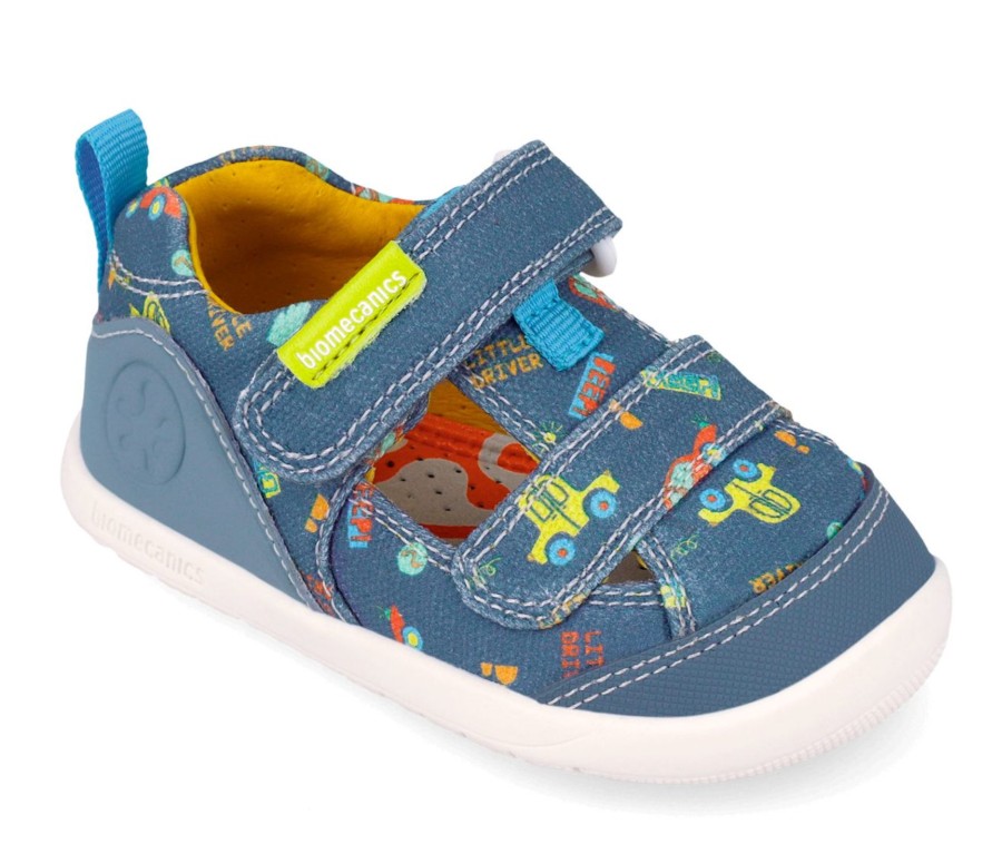 Sandalias niño Biomecanics barefoot color azul indigo pique sandalias de loneta con estampado de coches little driver cangrejeras Biomecanics cierre de tira adherente calzado respetuoso muy comodo y flexible con puntera reforzada plantilla extraible